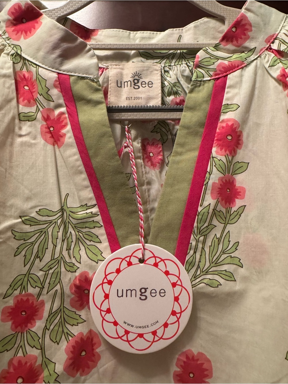 Umgee Floral V-Neck Tunic in Pink and Green Trim